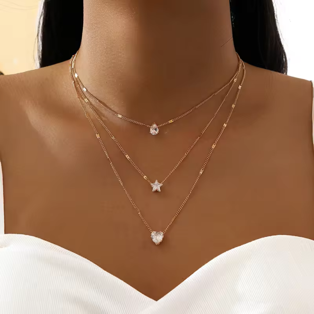 Multilayer Love, Water and Diamond Drop Pendant Necklace