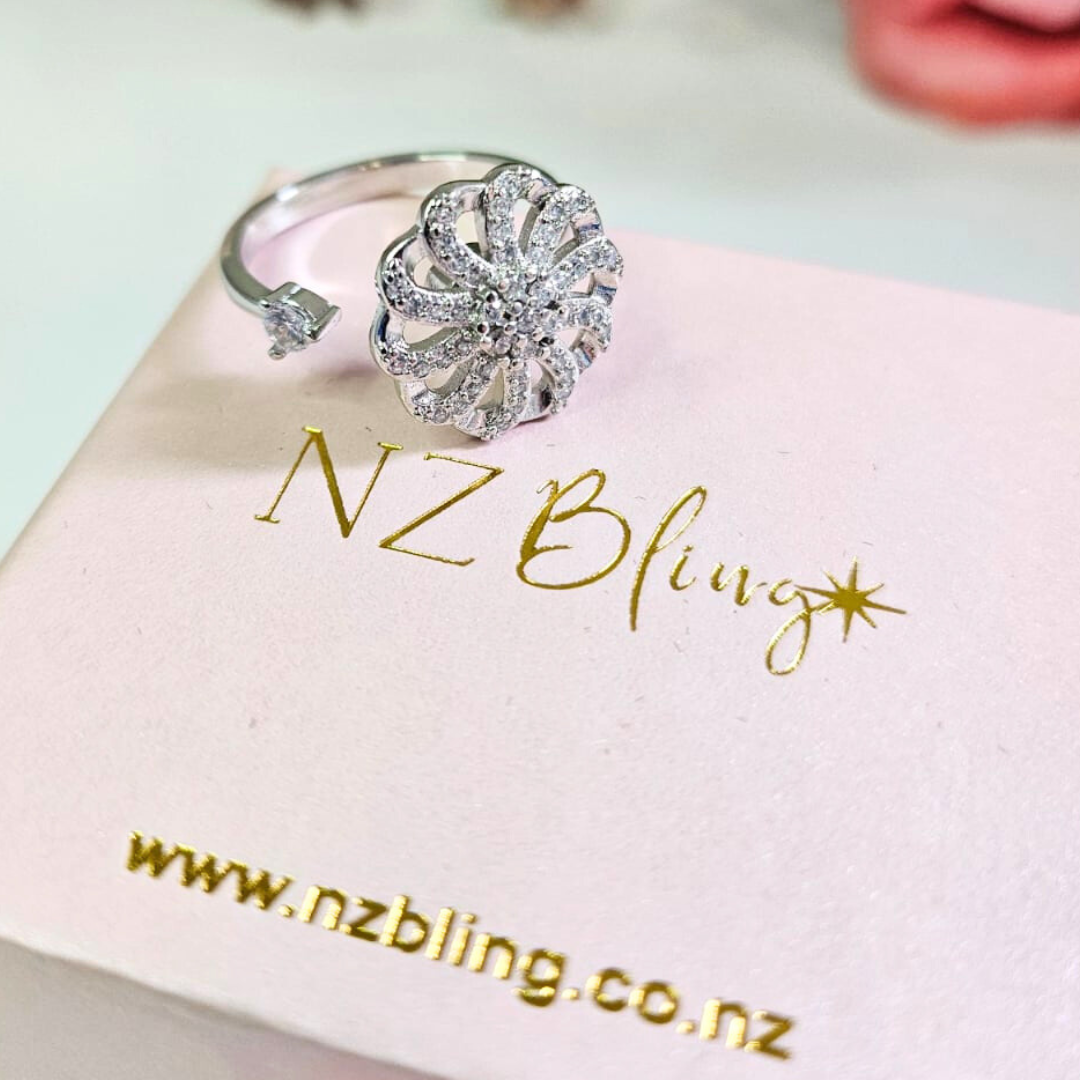 Flower Anxiety Fidget Spinner Rings - Adjustable 925 Silver