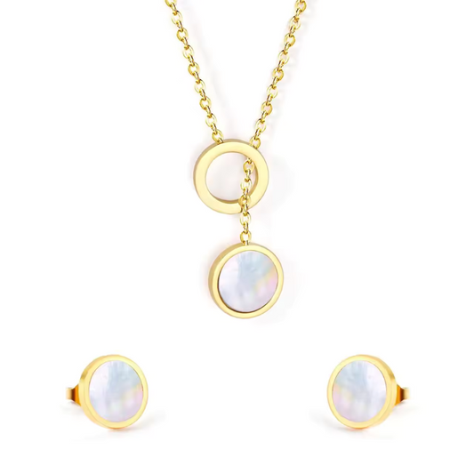 Mother Shell Circle Pendant Necklace and Earring Set