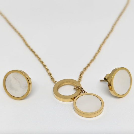 Mother Shell Circle Pendant Necklace and Earring Set
