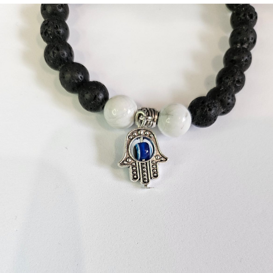 Hamsa Hand Stretchable Bracelet With Lava Rock