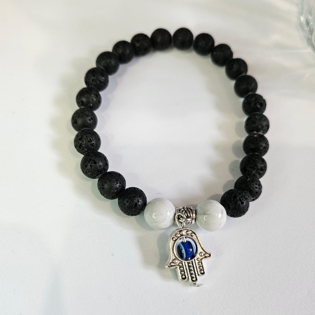 Hamsa Hand Stretchable Bracelet With Lava Rock