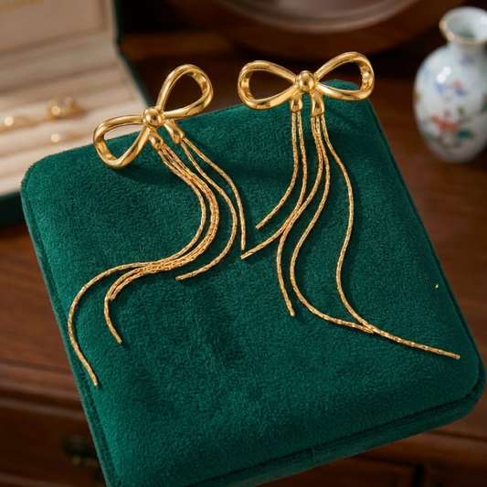 Tassel Bow Earrings - Stainless Steel 18K Gold Plated