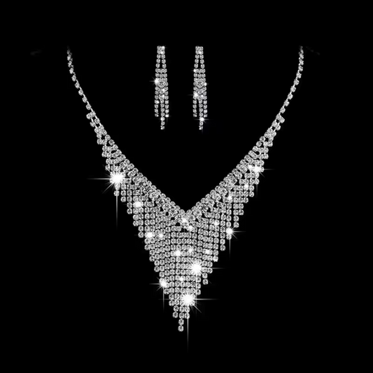 Rhinestone Necklace and Earrings Set Long Chain