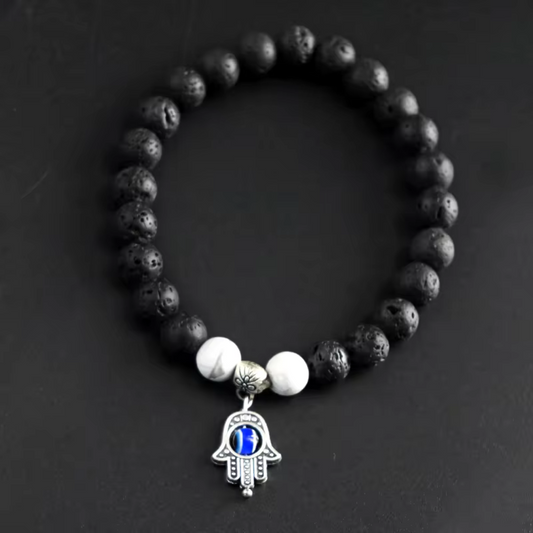 Hamsa Hand Stretchable Bracelet With Lava Rock