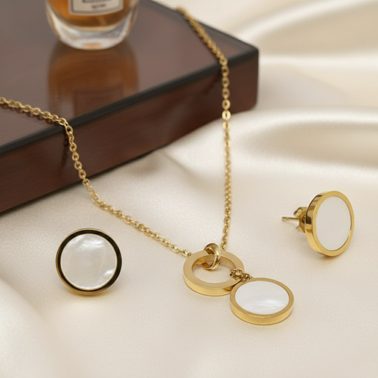 Mother Shell Circle Pendant Necklace and Earring Set